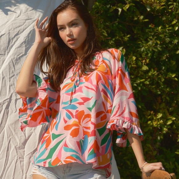 15 Boho Floral Print Wide Sleeve Blouse Top - Picture 6 of 6